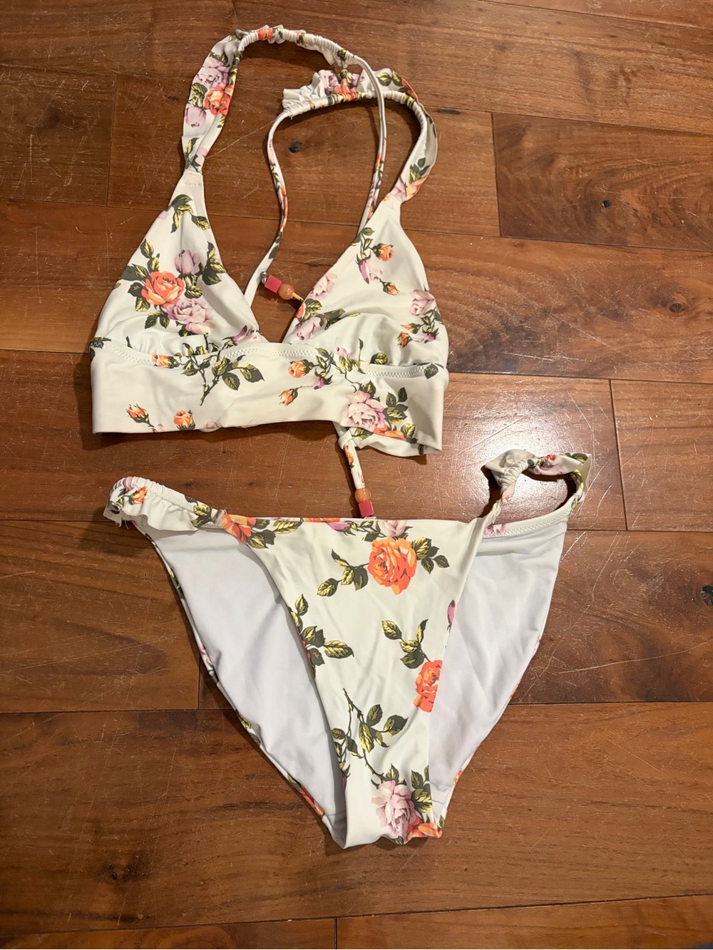 aerie Cream Floral Tie-Back Bikini with Peach and Pink Roses